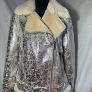 Tommy Hilfiger Metallic Silver Flattering Trendy Moto Jacket Women’s M Fuzzy